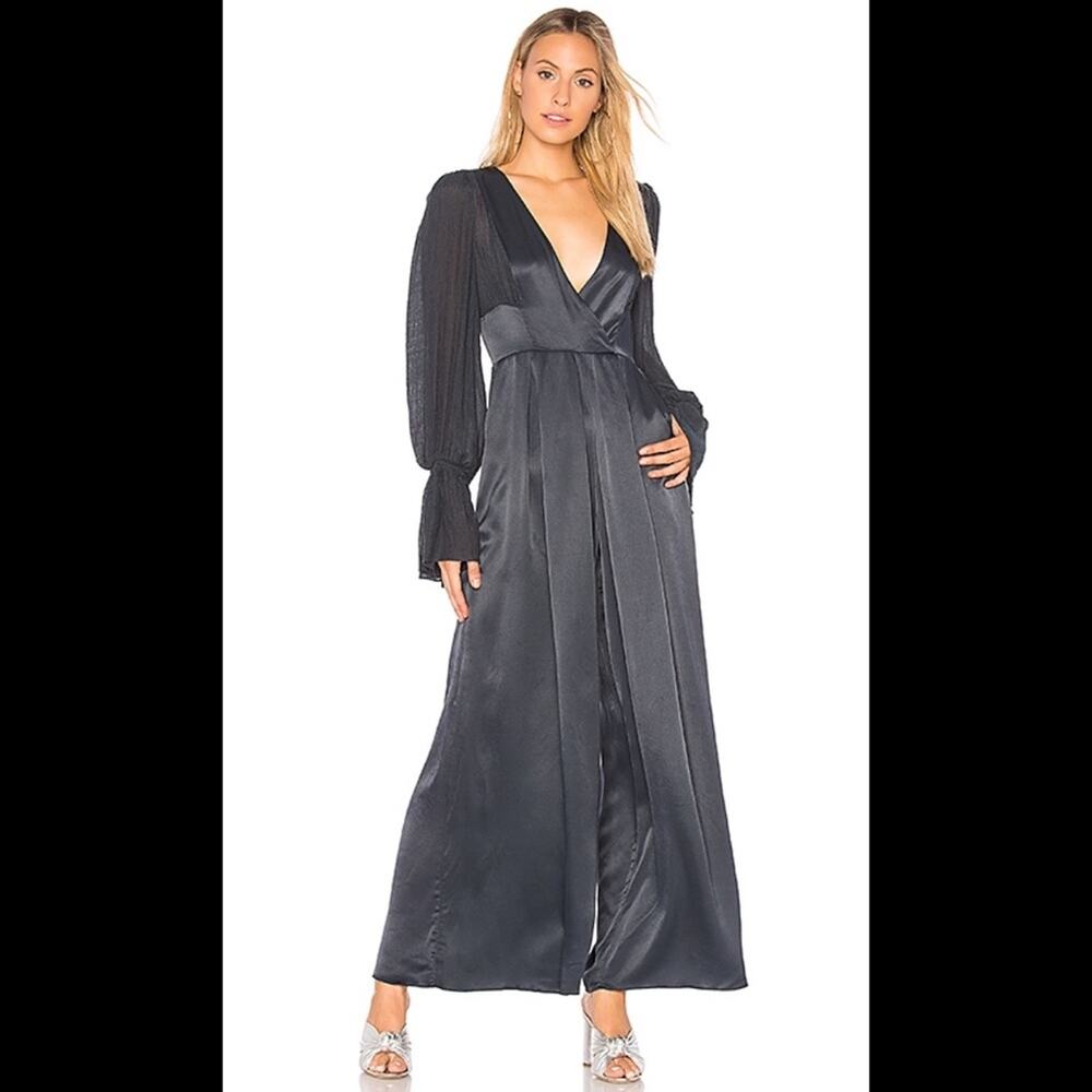 FREE PEOPLE “Not Your Baby” Satin Wide Leg Deep V High Waist Jumpsuit Size 0/XS - Picture 3 of 15